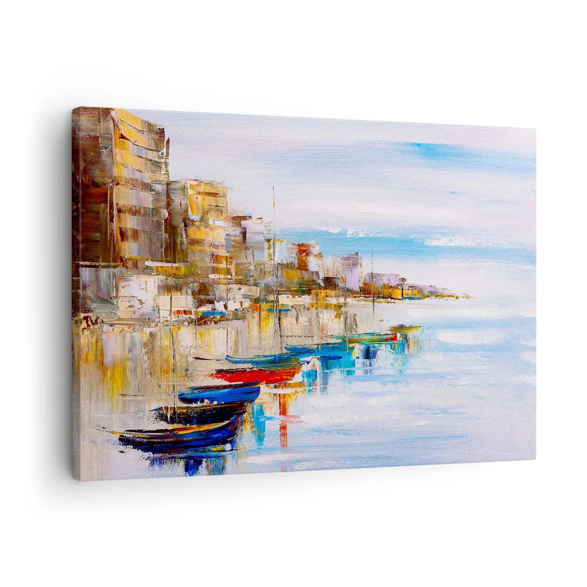 Canvastavla - Bild på duk - Färgglada båtar på stranden med utsikt över stadens silhuett - 70x50cm - Flerfärgad urban hamn - Modern väggdekoration för vardagsrum och sovrum ARTTOR