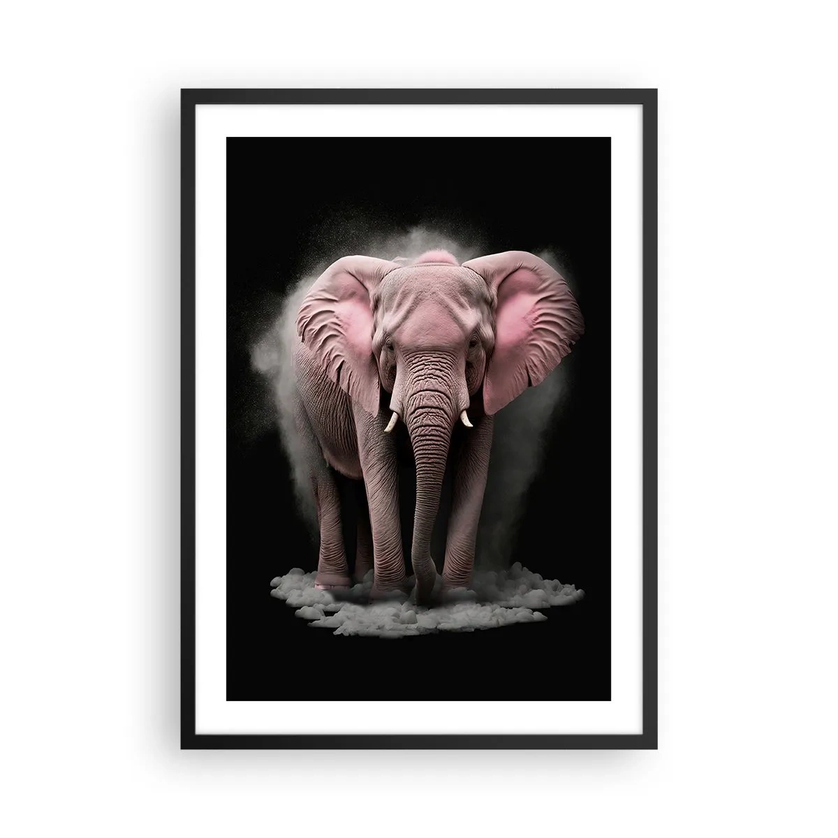 Affisch i svart ram - En rosa elefant i ett dynamiskt, svart utrymme - 50x70cm - Tänk inte på en rosa elefant! - Modern väggdekoration för vardagsrum och sovrum ARTTOR