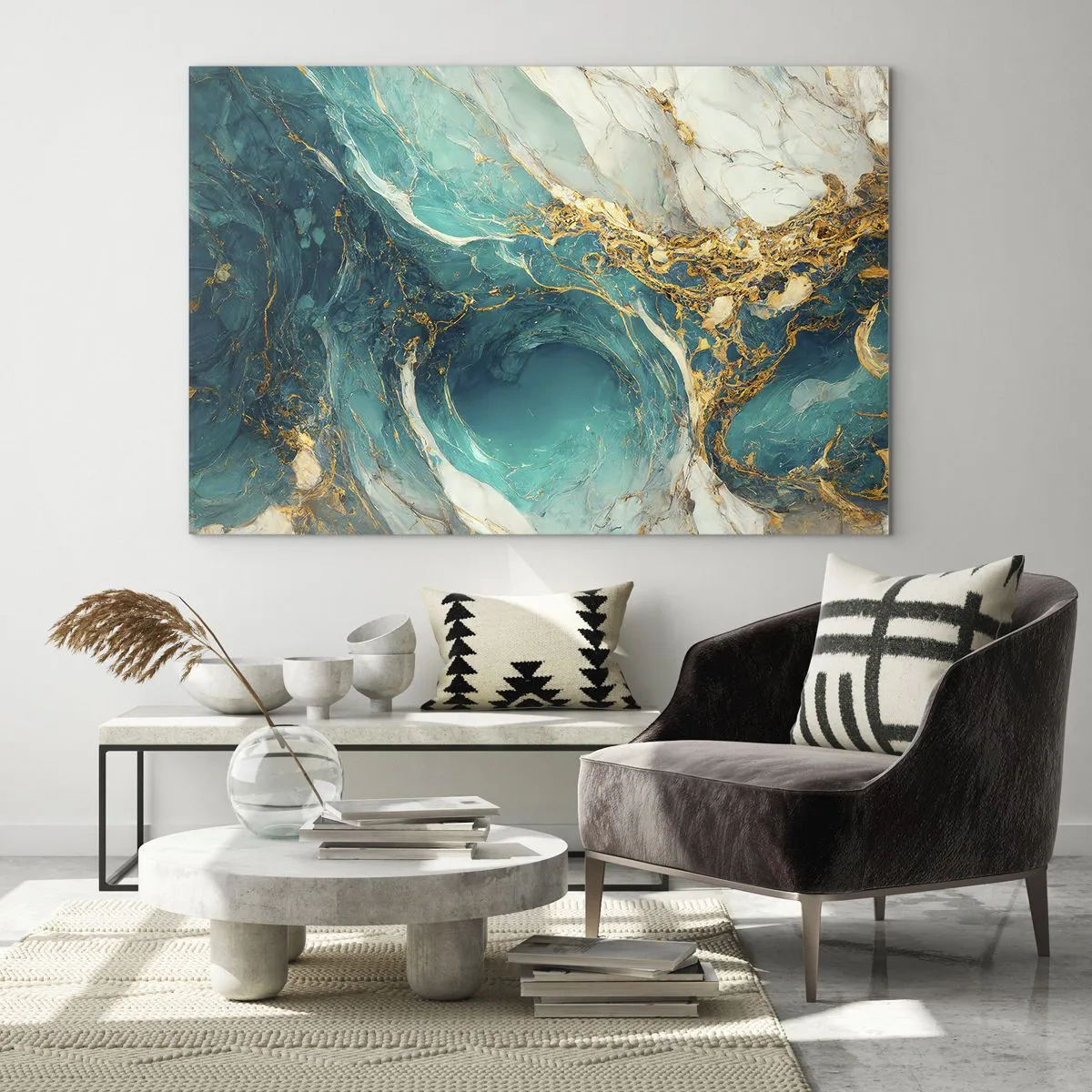 Glastavla - Bild på glas - Abstrakt komposition med turkosa och guldådror - 70x50cm - En komposition med guldådror - Modern väggdekoration för vardagsrum och sovrum ARTTOR
