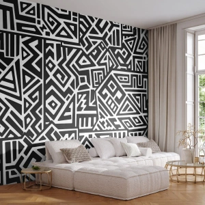 Fototapet Premium Sand - Prekolumbisk komposition - Abstraktion, Bit, Svartvitt - 450x315 cm