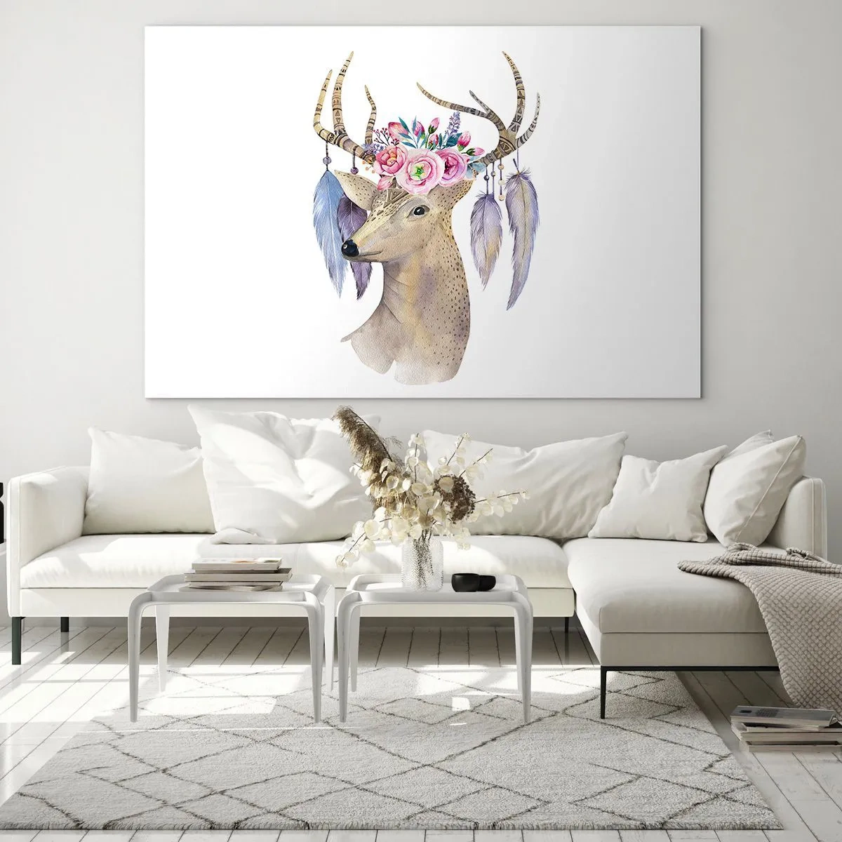 Glastavla - Bild på glas - Hjort med blomsterkrans och fjädrar - 70x50cm - Själguide - delikat, oskyldig - Modern väggdekoration för vardagsrum och sovrum ARTTOR