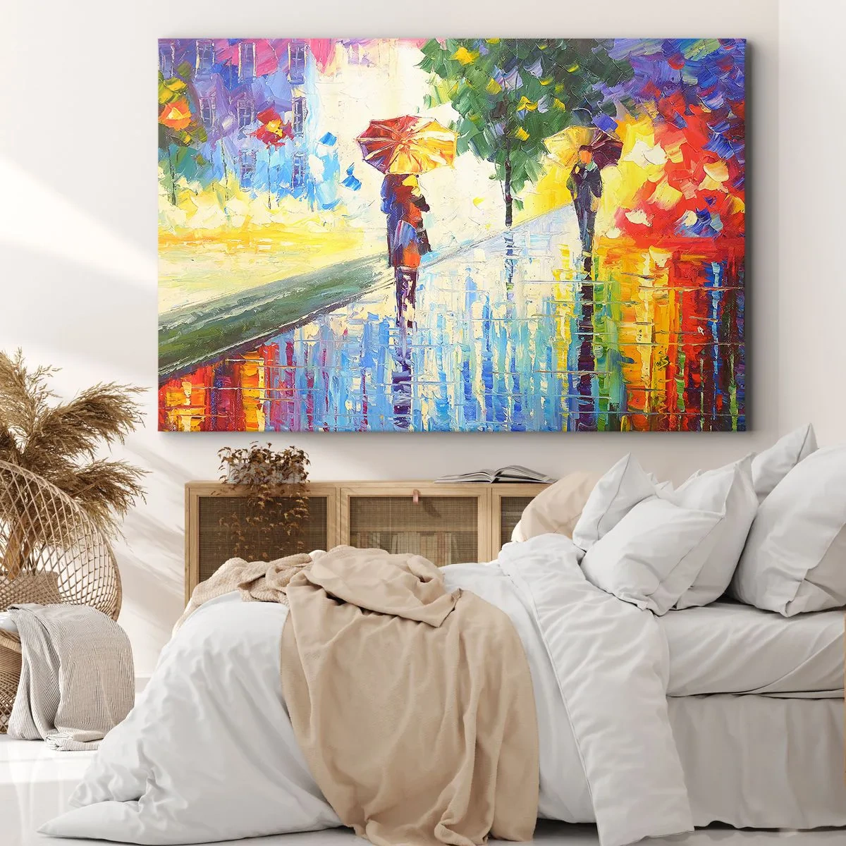 Canvastavla - Bild på duk - En promenad med ett paraply i ett färgstarkt regnigt landskap - 70x50cm - Allt klart - Modern väggdekoration för vardagsrum och sovrum ARTTOR