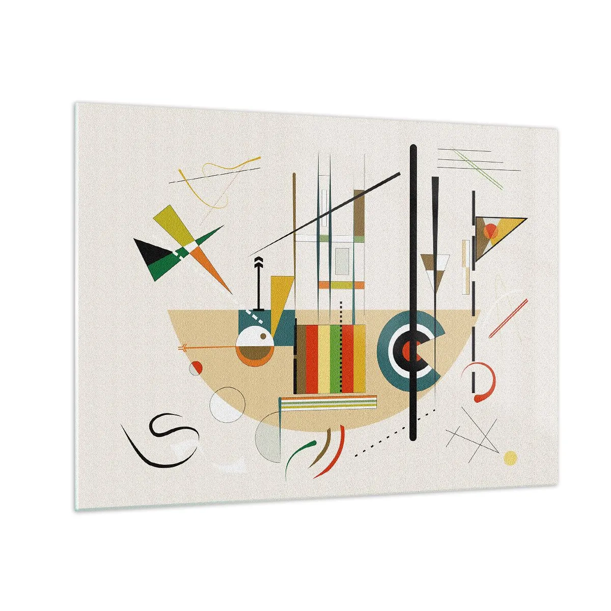 Glastavla - Bild på glas - Färgglad geometrisk abstraktion på en ljus bakgrund - 70x50cm - Så världen skrattar - Modern väggdekoration för vardagsrum och sovrum ARTTOR