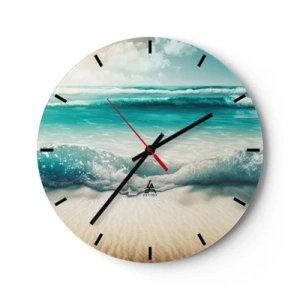 Väggklocka - Klocka på glas - Turkosa vågor som slår mot en sandstrand - 30x30cm - Lugnet i havet - Modern väggdekoration för vardagsrum, kök och sovrum ARTTOR