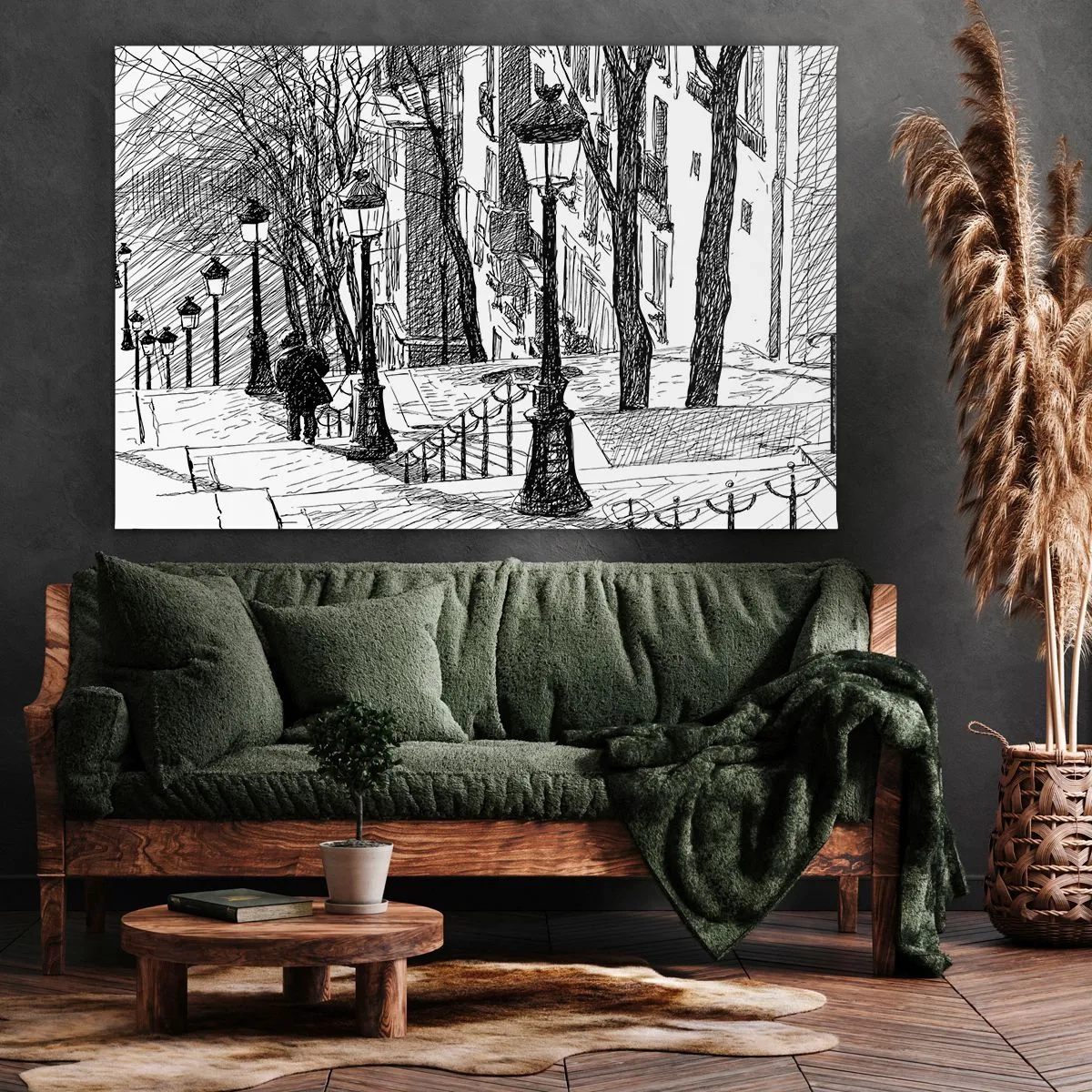 Canvastavla - Bild på duk - En gata med lyktor och en mänsklig silhuett i skissteknik - 70x50cm - Kärlekshistoria eller rysare? - Modern väggdekoration för vardagsrum och sovrum ARTTOR