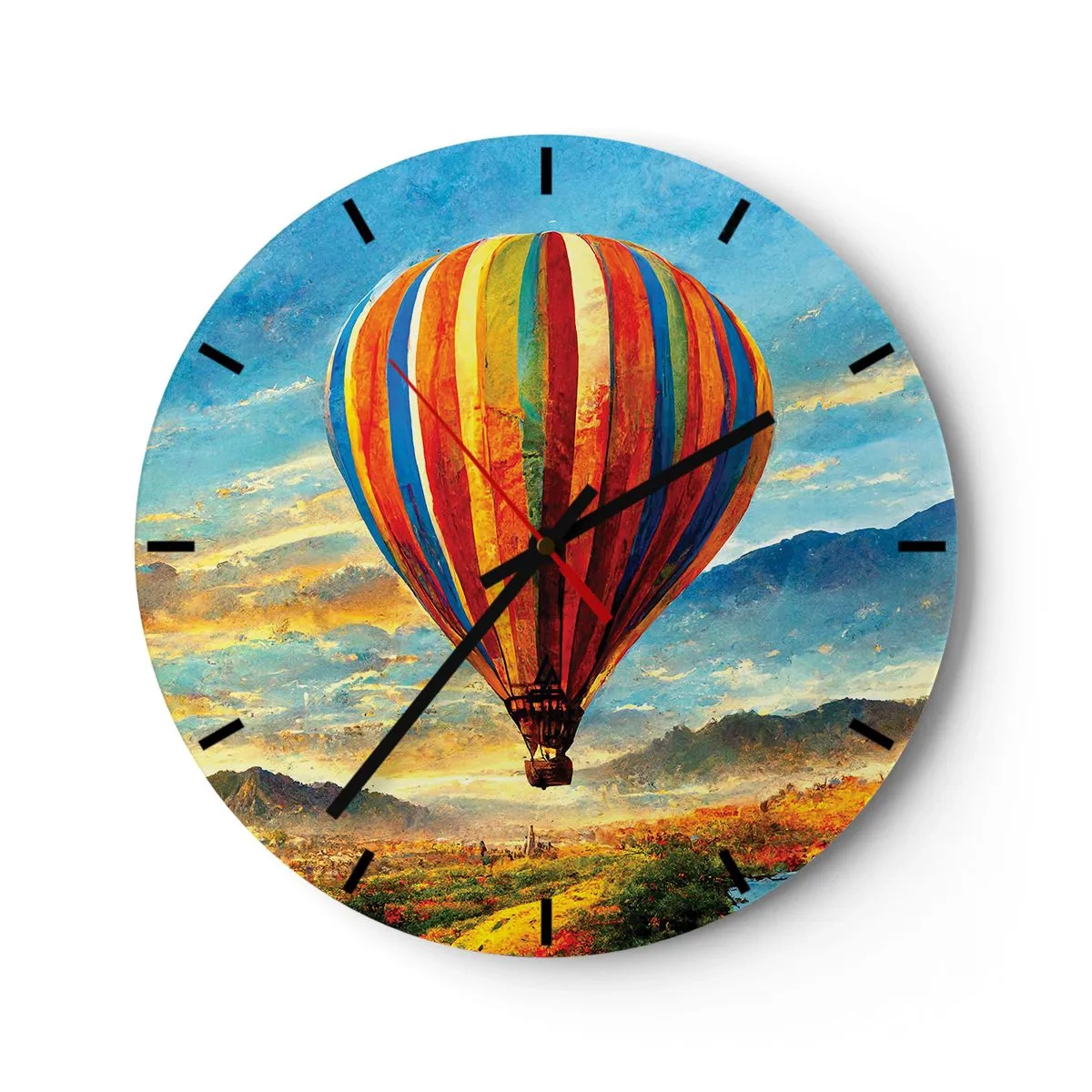 Väggklocka - Klocka på glas - En färgglad ballong mot ett bergslandskap vid soluppgången - 30x30cm - I tystnad ser man mer - Modern väggdekoration för vardagsrum, kök och sovrum ARTTOR