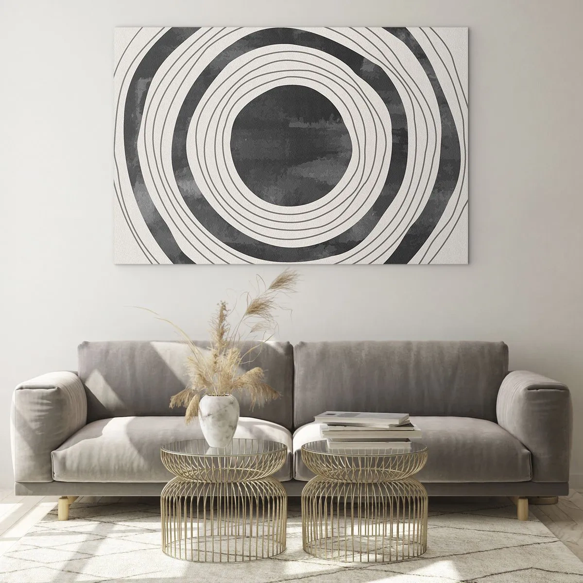 Glastavla - Bild på glas - Svarta och vita koncentriska cirklar med oregelbundna konturer - 70x50cm - I själva kärnan - Modern väggdekoration för vardagsrum och sovrum ARTTOR