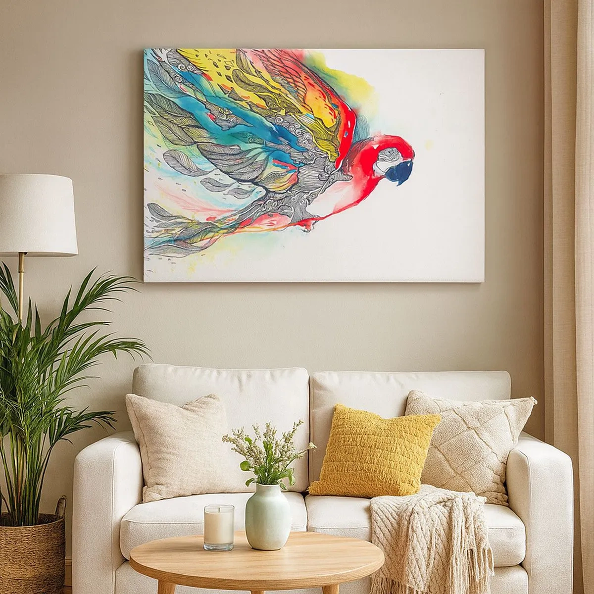 Canvastavla - Bild på duk - En färgglad papegoja i flykt med abstrakta mönster på sina vingar. - 70x50cm - Lev färgglatt - Modern väggdekoration för vardagsrum och sovrum ARTTOR