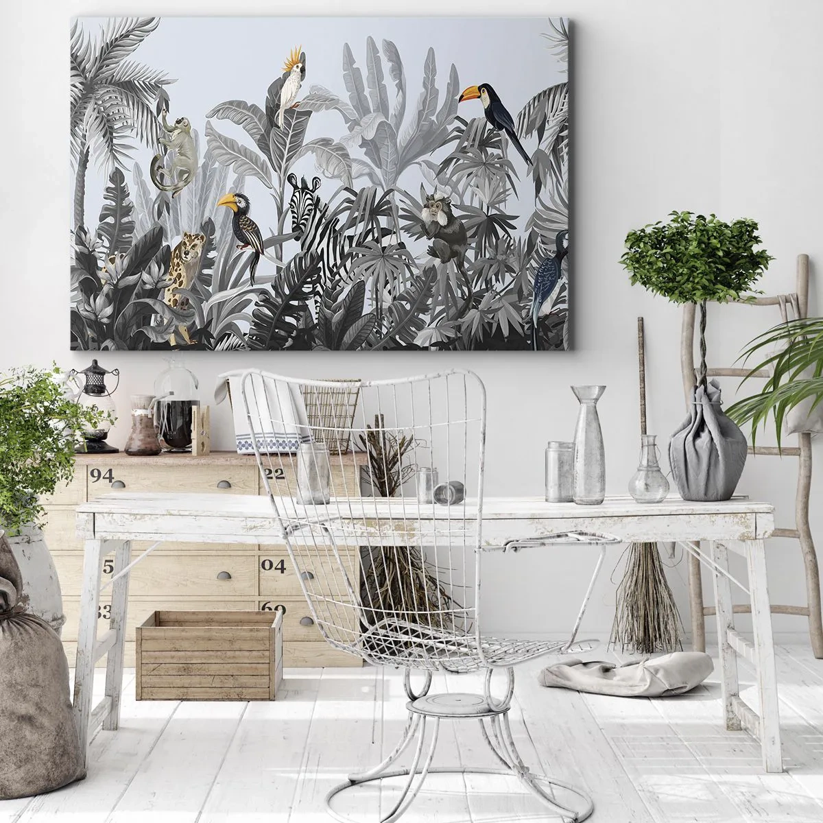 Canvastavla - Bild på duk - Tropisk djungel med exotiska djur på en grå bakgrund - 70x50cm - Afrikansk saga - Modern väggdekoration för vardagsrum och sovrum ARTTOR