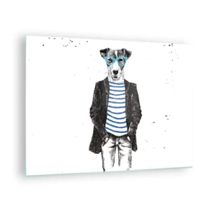 Glastavla - Bild på glas - Illustration av en hund som bär sjömansskjorta och glasögon på vit bakgrund - 70x50cm - Hundelegans - Modern väggdekoration för vardagsrum och sovrum ARTTOR