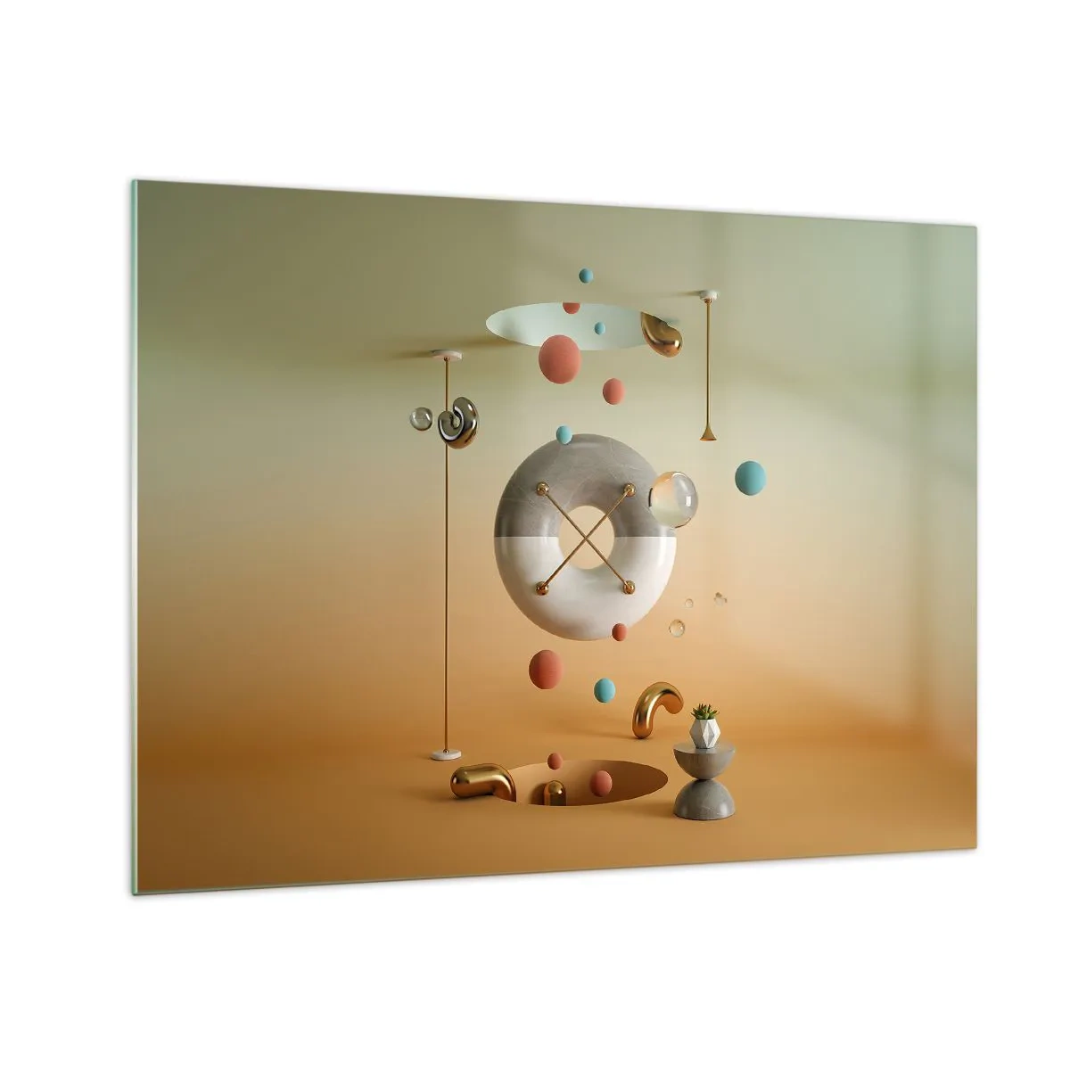 Glastavla - Bild på glas - Geometriska figurer i pastellfärger i ett abstrakt utrymme - 70x50cm - Vad som helst kan hända - Modern väggdekoration för vardagsrum och sovrum ARTTOR