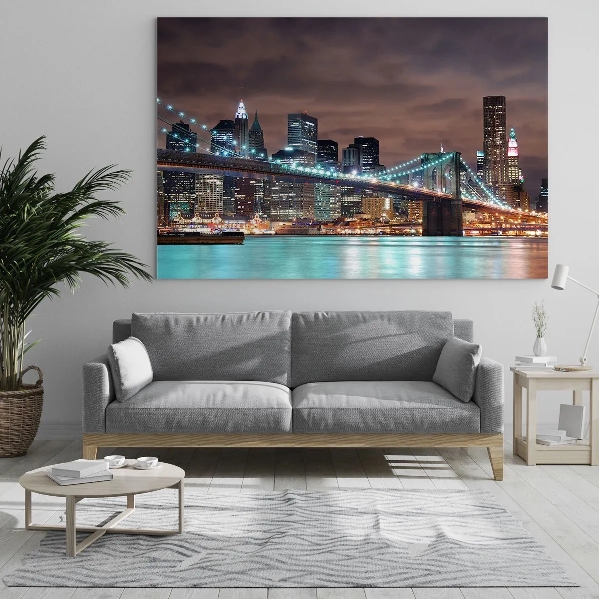 Glastavla - Bild på glas - Nattpanorama över staden med den upplysta bron - 70x50cm - Storstadens ljus - Modern väggdekoration för vardagsrum och sovrum ARTTOR