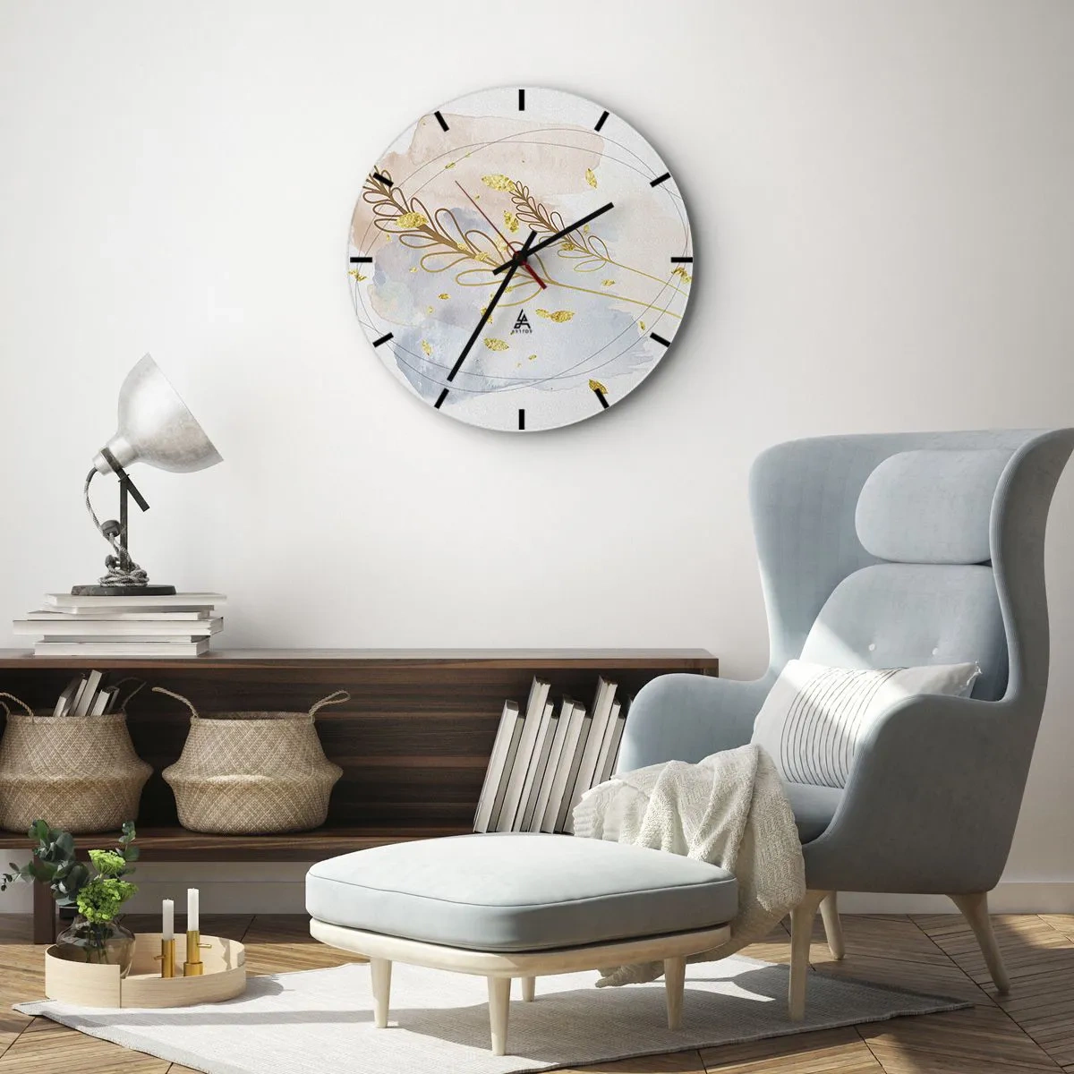 Väggklocka - Klocka på glas - Ett delikat blommotiv med gyllene accenter i akvarell - 30x30cm - En gyllene explosion - Modern väggdekoration för vardagsrum, kök och sovrum ARTTOR