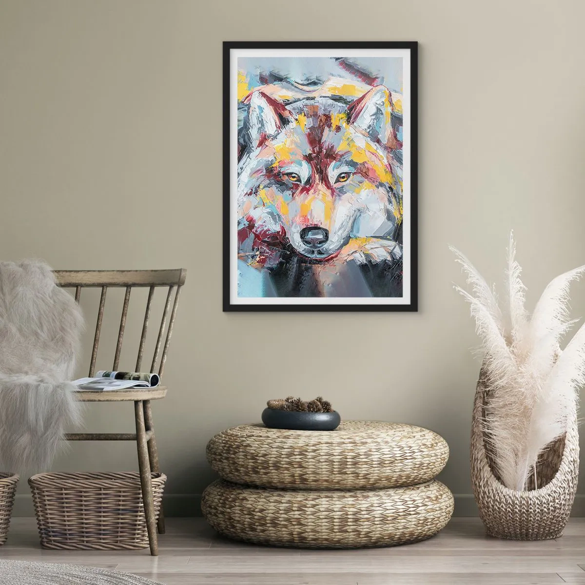 Affisch i svart ram - Abstrakt porträtt av en varg med färgglada penseldrag. - 50x70cm - Lugnt bland de närmsta - Modern väggdekoration för vardagsrum och sovrum ARTTOR