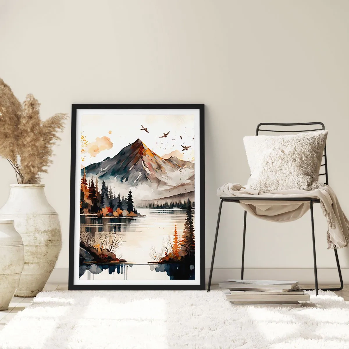 Affisch i svart ram - Höstbergslandskap över en tyst sjö - 50x70cm - Gyllene höst i fjällen - Modern väggdekoration för vardagsrum och sovrum ARTTOR