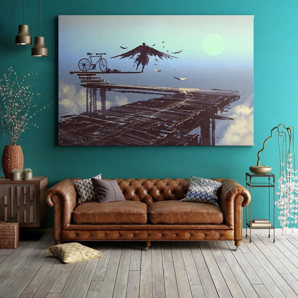 Canvastavla - Bild på duk - En figur med fjädrar svävar över en träbro bredvid en cykel. - 70x50cm - Ikaros lever än - Modern väggdekoration för vardagsrum och sovrum ARTTOR
