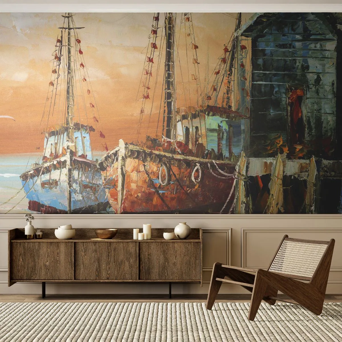 Självhäftande Fototapet Deluxe Sticker - Lugn hemresa - Fiskebåt, Fiskehamn, Bit - 250x175 cm
