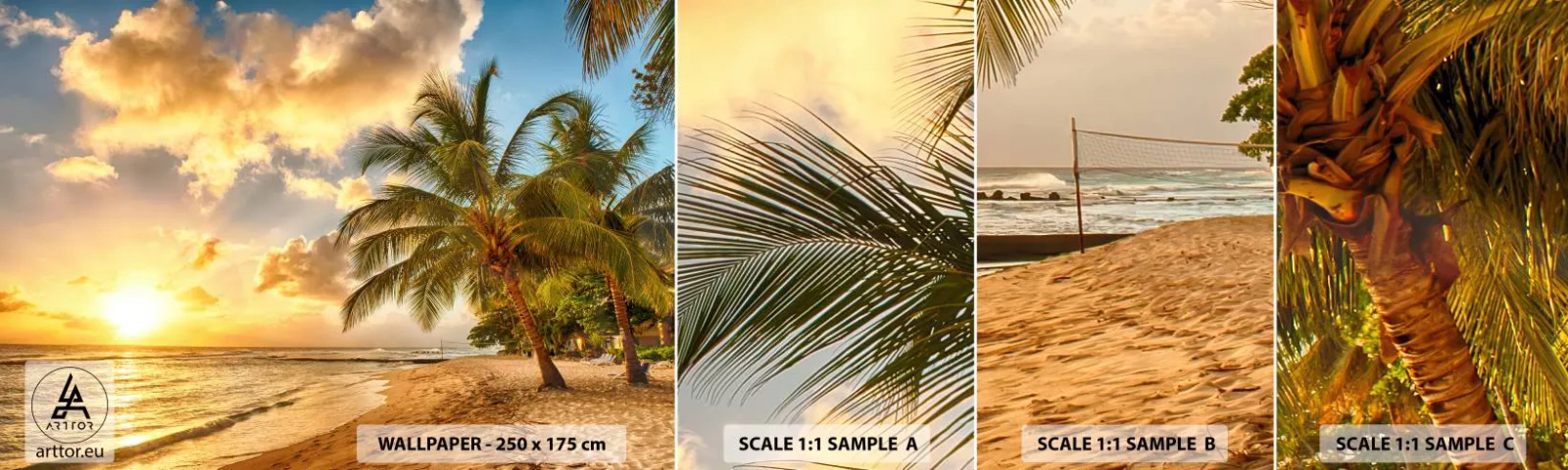 Provbit av självhäftande fototapet Deluxe Sticker - Evig sommar, alltid semester - Landskap, Strand, Kokosnötspalm - 100x30 cm