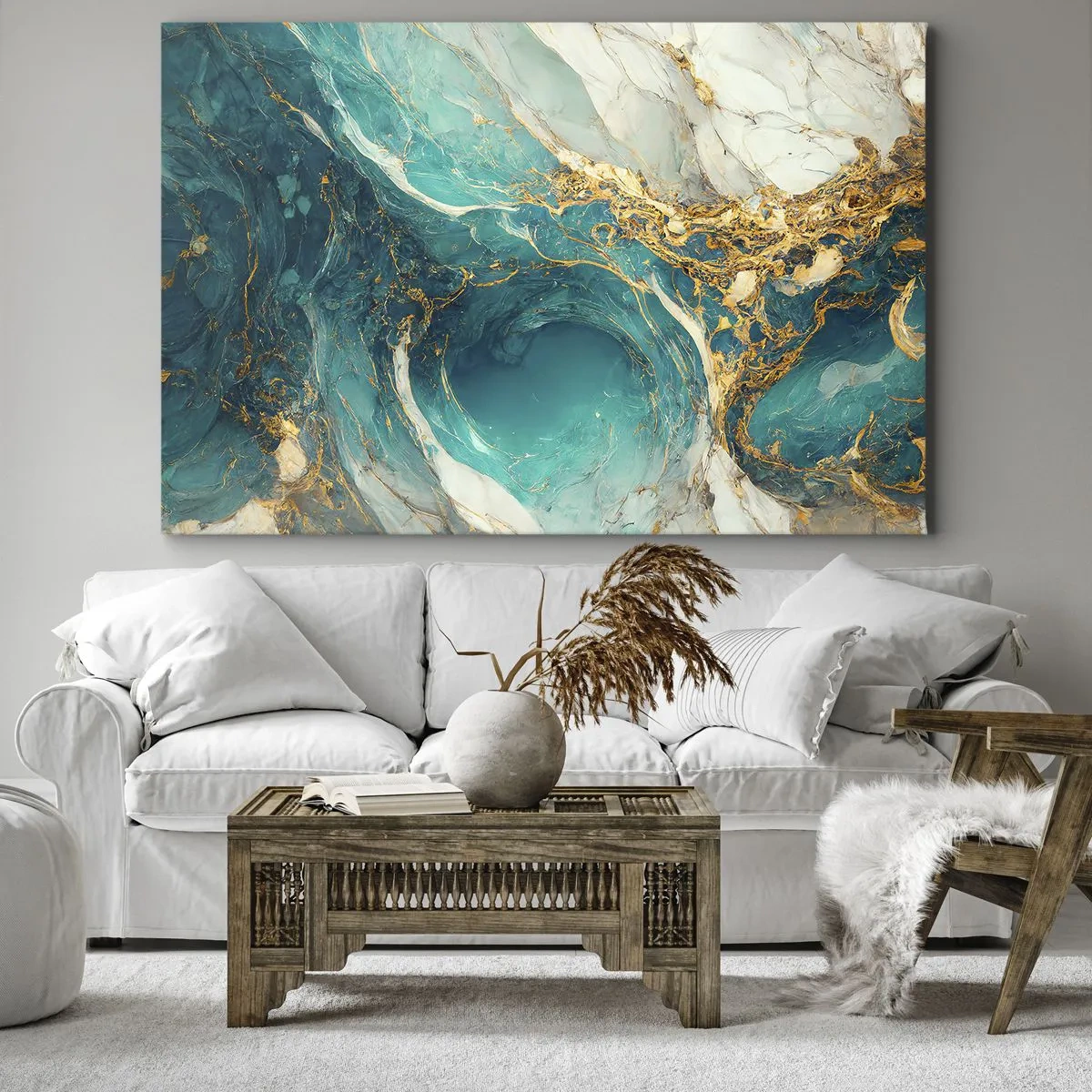 Canvastavla - Bild på duk - En abstrakt komposition i nyanser av turkos och guld. - 70x50cm - En komposition med guldådror - Modern väggdekoration för vardagsrum och sovrum ARTTOR