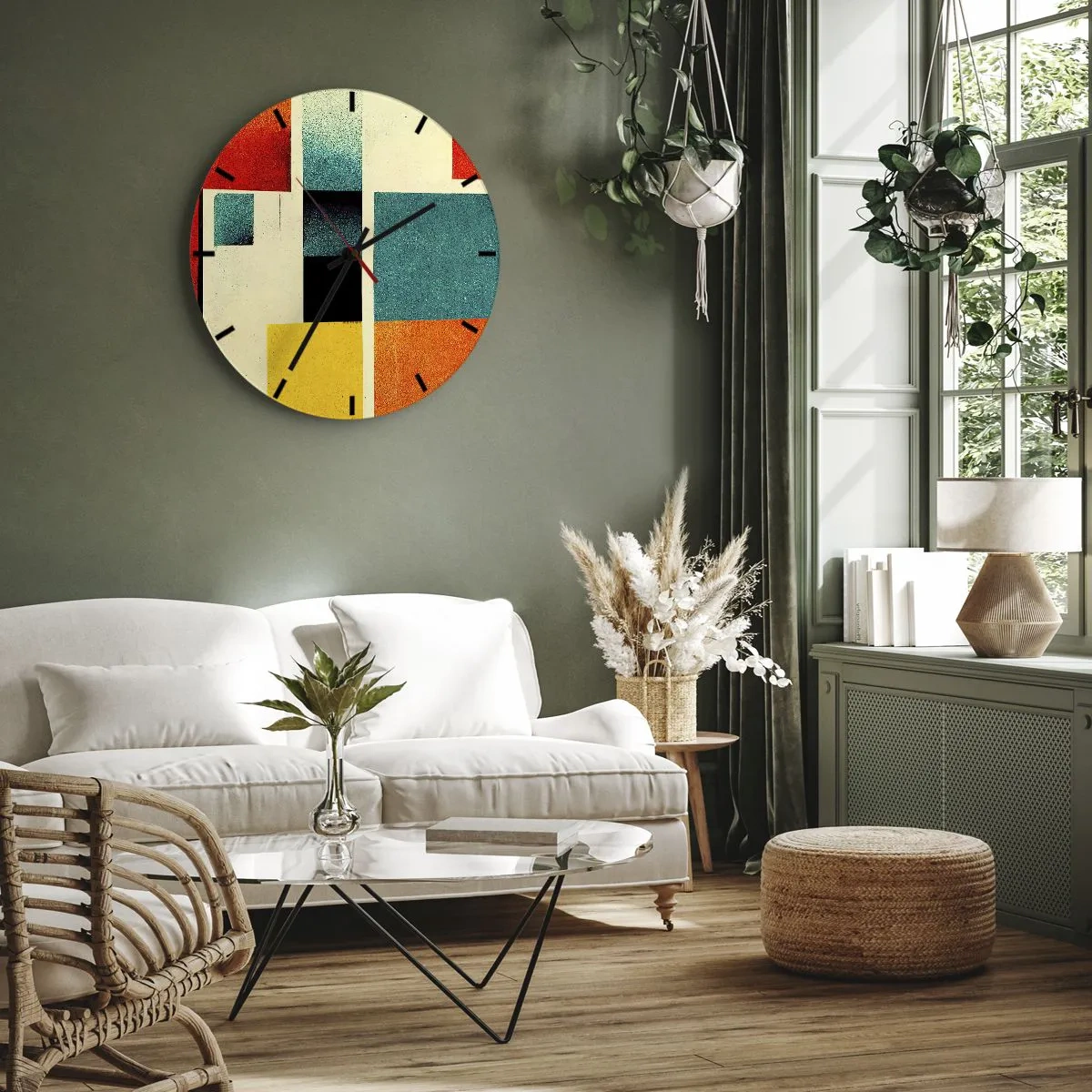 Väggklocka - Klocka på glas - Geometrisk komposition av färgglada rektanglar på en ljus bakgrund - 30x30cm - Geometrisk abstraktion - bra energi - Modern väggdekoration för vardagsrum, kök och sovrum ARTTOR