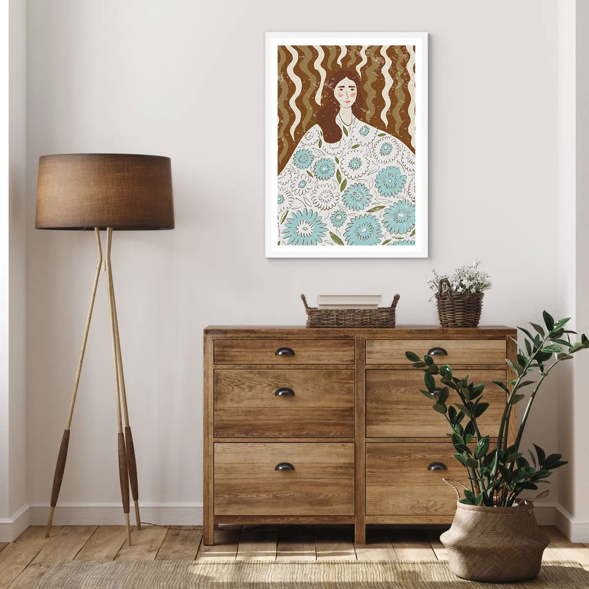 Affisch i vit ram - Porträtt i blommig mantel - 70x100 cm