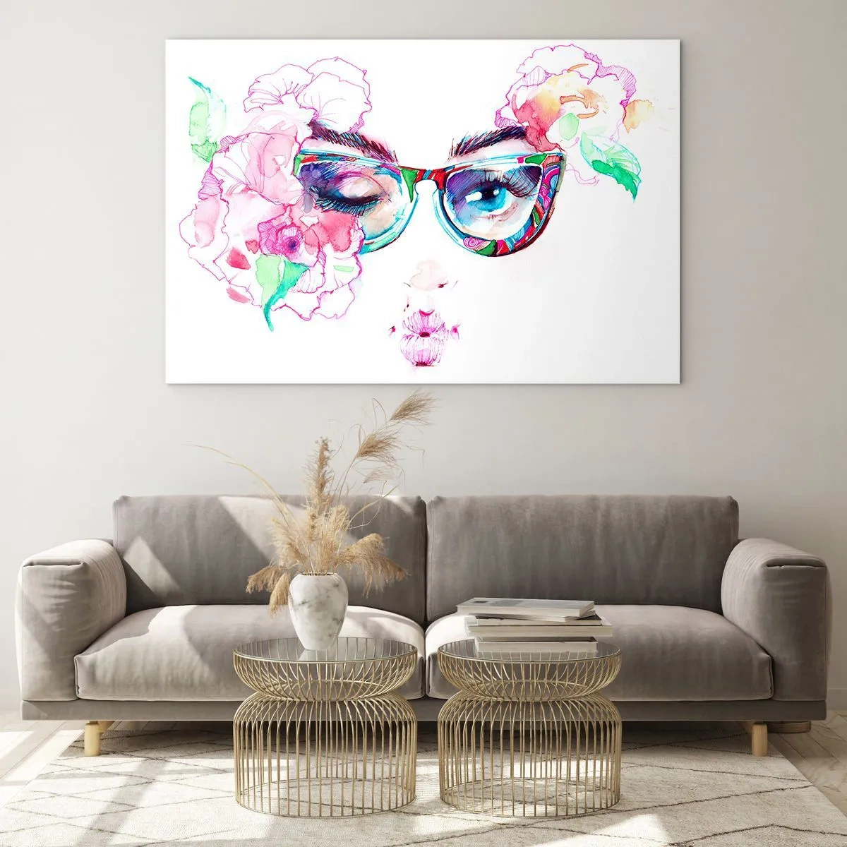 Glastavla - Bild på glas - Kvinnors ögon med blommor och färgglada glasögon i akvarellstil - 70x50cm - Frestande löfte - Modern väggdekoration för vardagsrum och sovrum ARTTOR