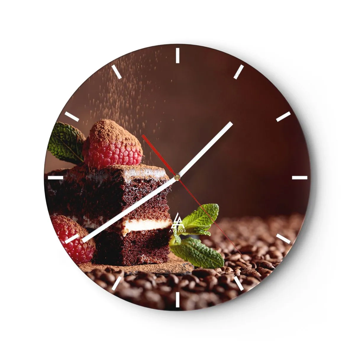 Väggklocka - Klocka på glas - Chokladdessert med hallon och mynta på kaffebönor - 30x30cm - Livet är ljuvt - Modern väggdekoration för vardagsrum, kök och sovrum ARTTOR
