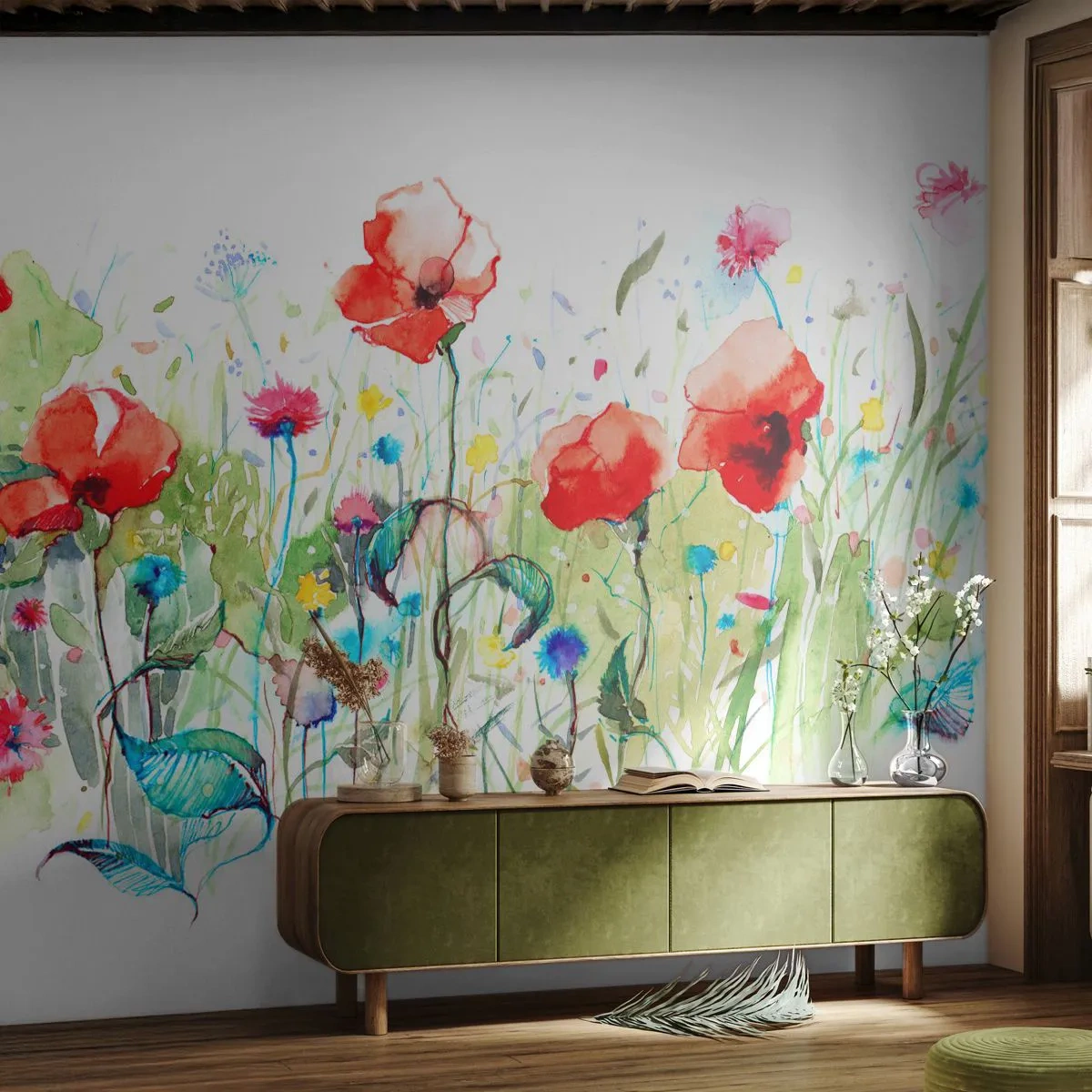 Fototapet Standard Eco - Majblommande äng - Blommor, Vallmo, Trädgård - 200x140 cm