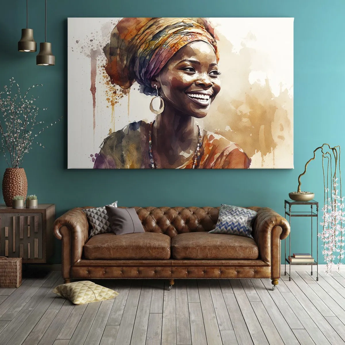 Canvastavla - Bild på duk - Porträtt av en leende kvinna i en färgglad halsduk i akvarell - 70x50cm - Afrikansk drottning - Modern väggdekoration för vardagsrum och sovrum ARTTOR