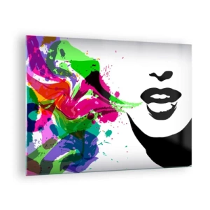 Glastavla - Bild på glas - En färgglad abstraktion med en kvinnlig profil och färgklickar. - 70x50cm - Berättelse i regnbågens färger - Modern väggdekoration för vardagsrum och sovrum ARTTOR
