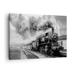 Canvastavla - Bild på duk - Ett svartvitt ånglok mot ett bergslandskap - 70x50cm - Det står ett lok på stationen... - Modern väggdekoration för vardagsrum och sovrum ARTTOR
