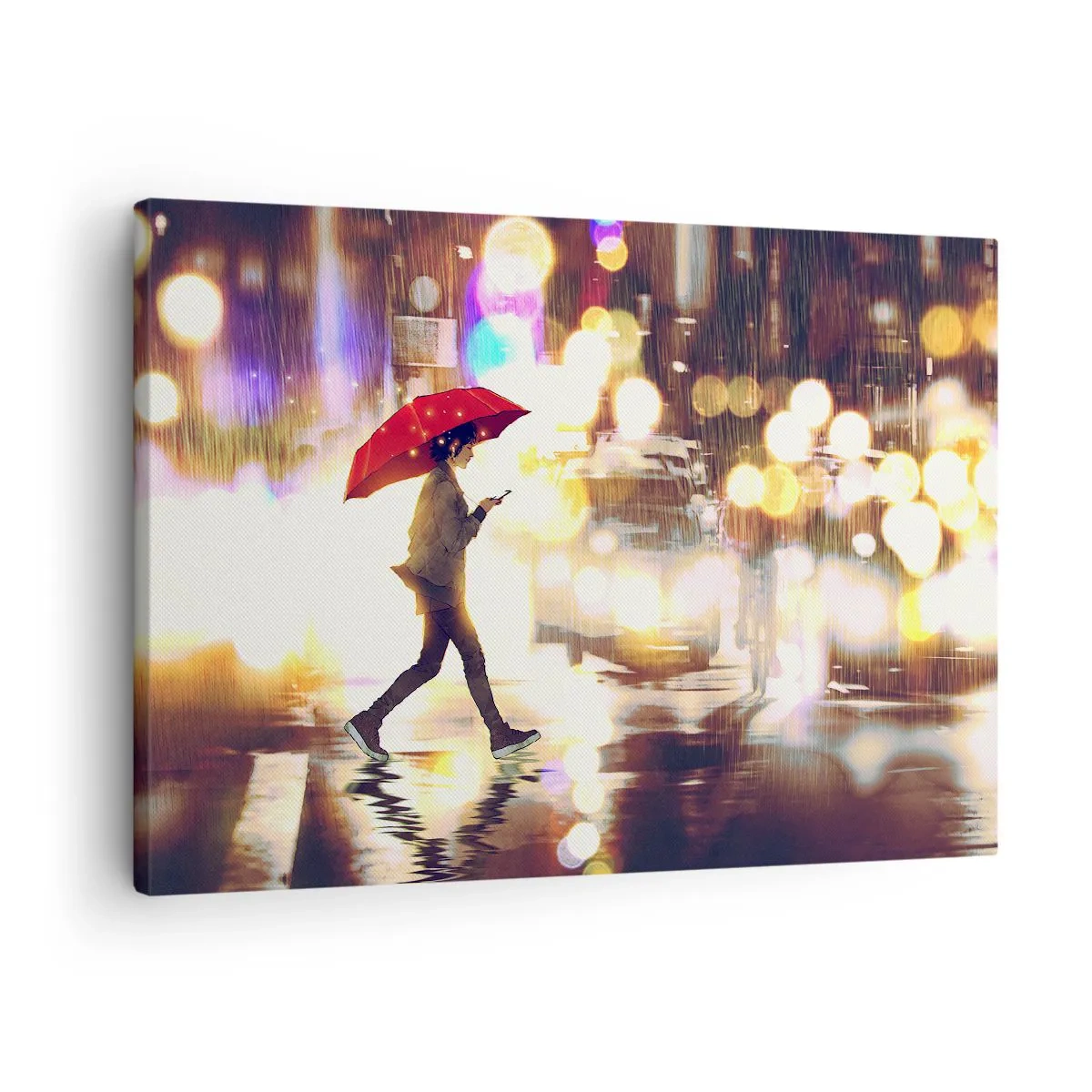 Canvastavla - Bild på duk - En figur med ett rött paraply på gatan i regnet - 70x50cm - Solig trots allt - Modern väggdekoration för vardagsrum och sovrum ARTTOR