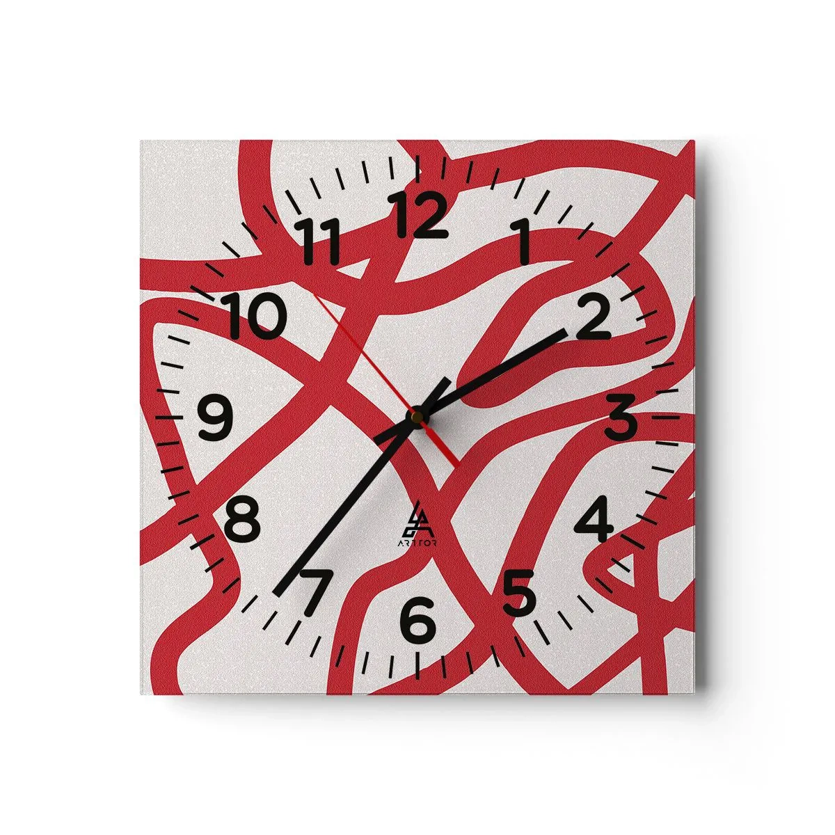 Väggklocka - Klocka på glas - Rött på vitt - 40x40 cm