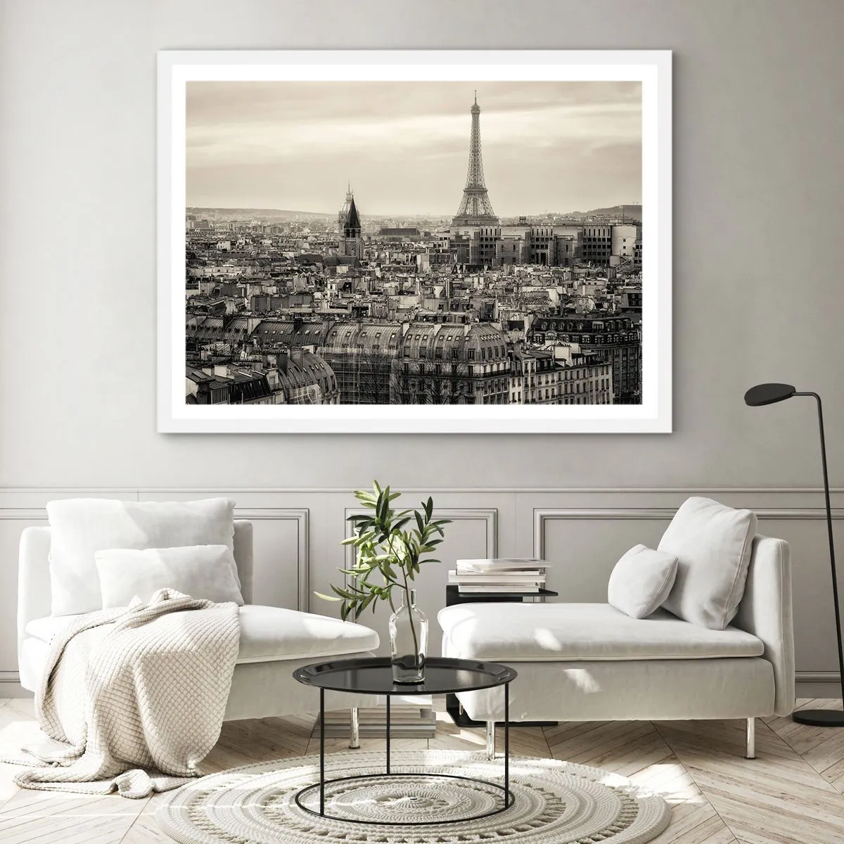 Affisch i vit ram - Över Paris tak - 100x70 cm
