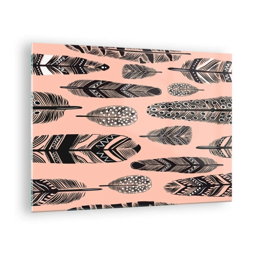 Glastavla - Bild på glas - Dekorativa fjädrar med svartvita mönster på en rosa bakgrund - 70x50cm - Indiansk middag - Modern väggdekoration för vardagsrum och sovrum ARTTOR