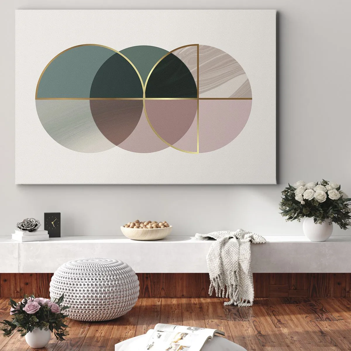 Canvastavla - Bild på duk - En abstrakt komposition av geometriska former och gyllene linjer. - 70x50cm - Hjul efter hjul... - Modern väggdekoration för vardagsrum och sovrum ARTTOR