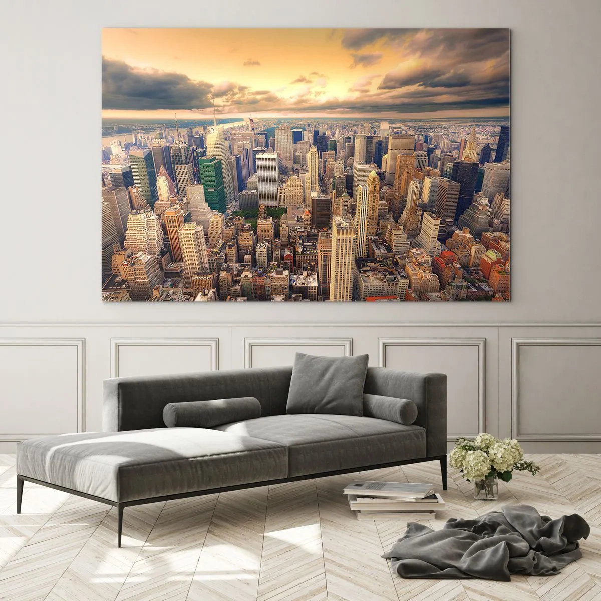 Glastavla - Bild på glas - Förgylld metropolis - 100x70 cm