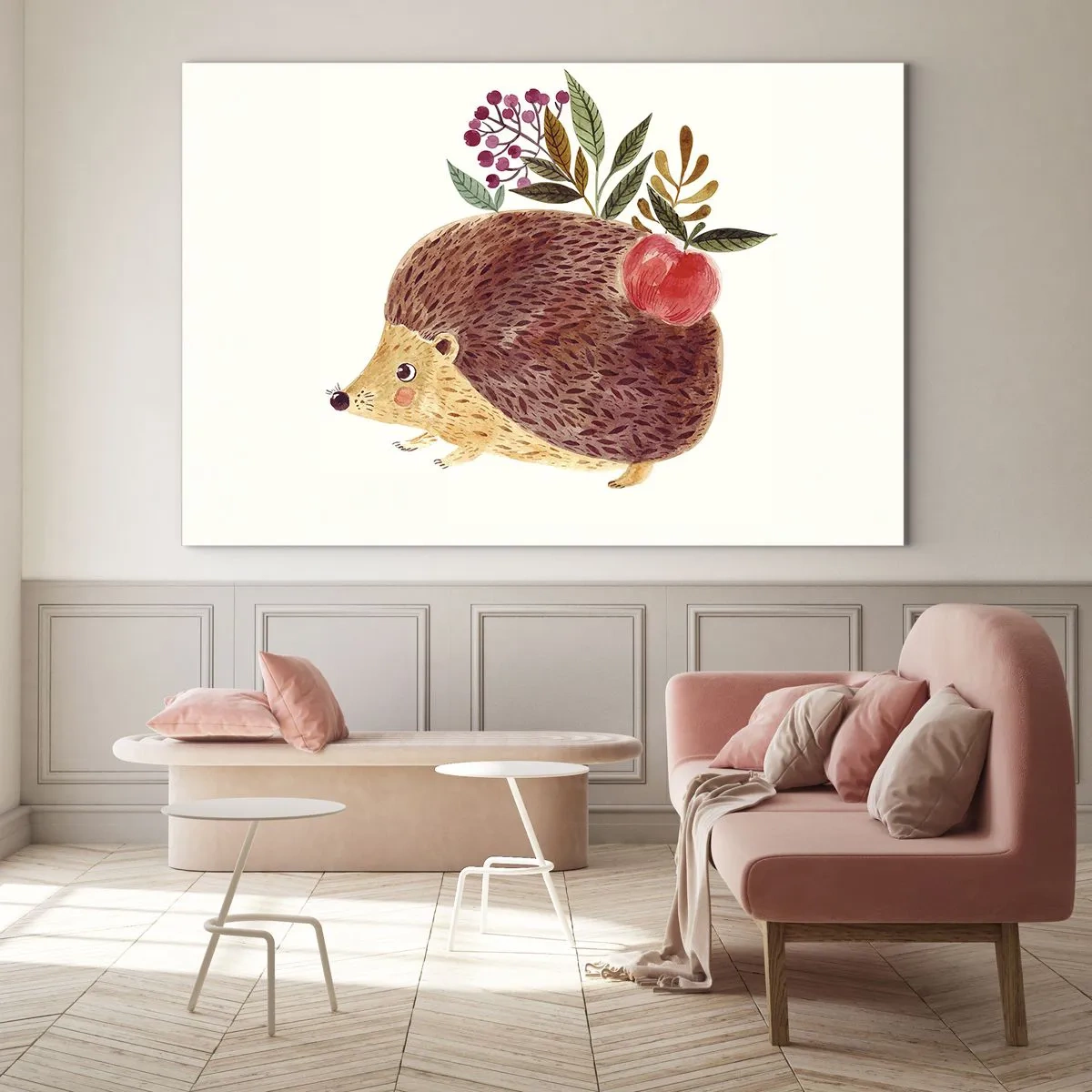 Glastavla - Bild på glas - En tecknad igelkott med ett äpple och kvistar på ryggen - 70x50cm - Och du gillar mig redan - Modern väggdekoration för vardagsrum och sovrum ARTTOR