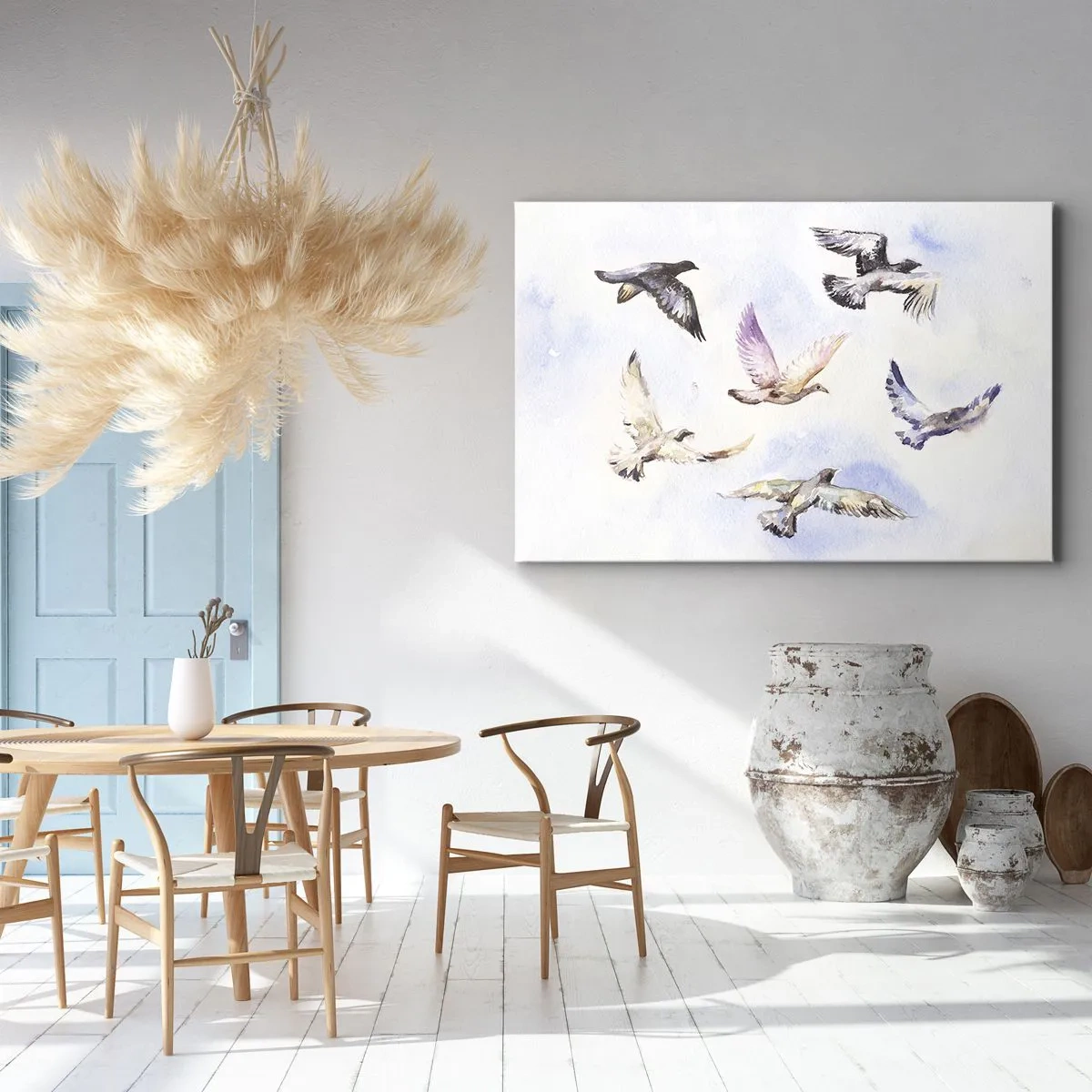 Canvastavla - Bild på duk - Akvarellfåglar i flykt mot en delikat himmel - 70x50cm - Frihet i grått och blått - Modern väggdekoration för vardagsrum och sovrum ARTTOR
