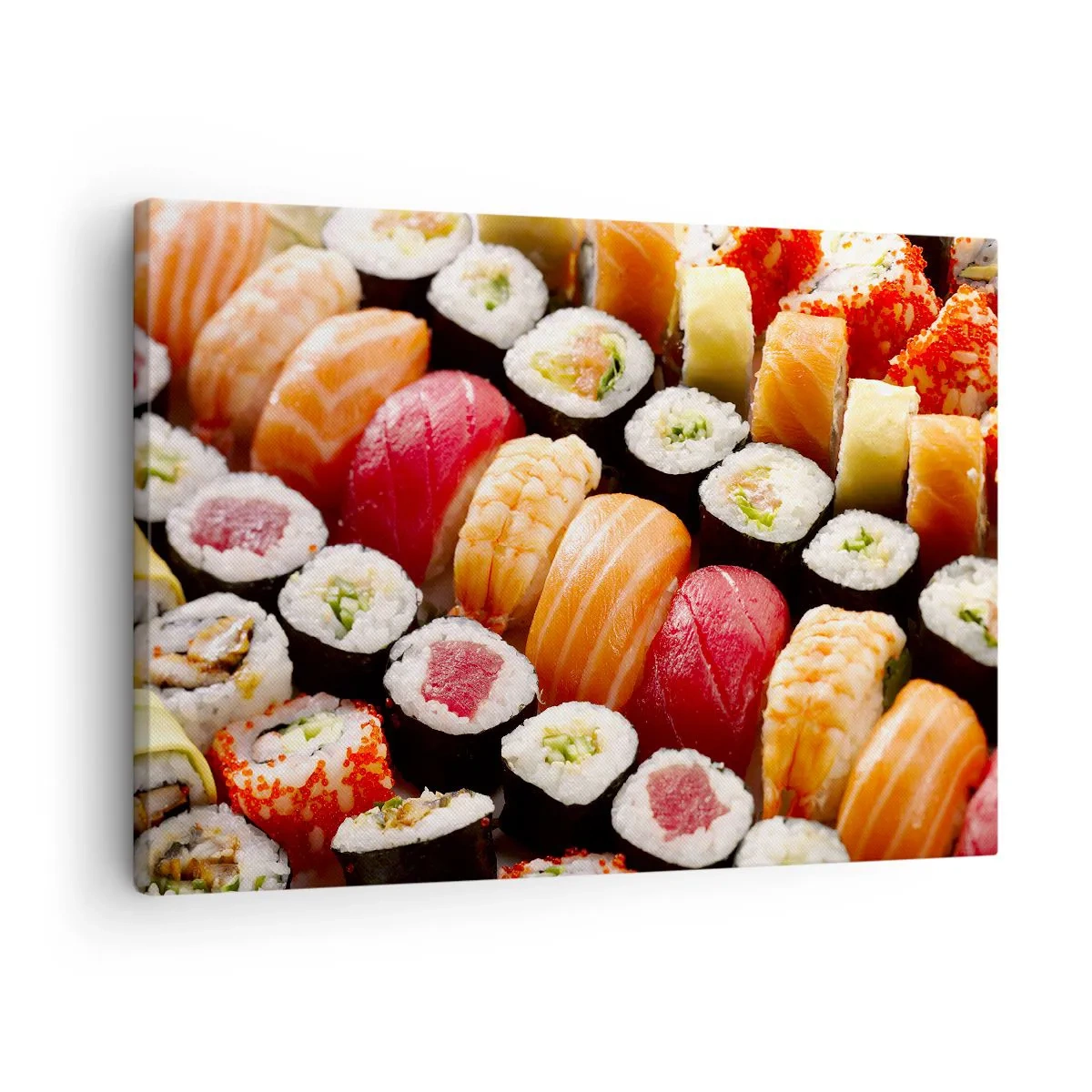 Canvastavla - Bild på duk - Färgglad sushi arrangerad i rader med olika pålägg - 70x50cm - Asiens färger och smaker - Modern väggdekoration för vardagsrum och sovrum ARTTOR
