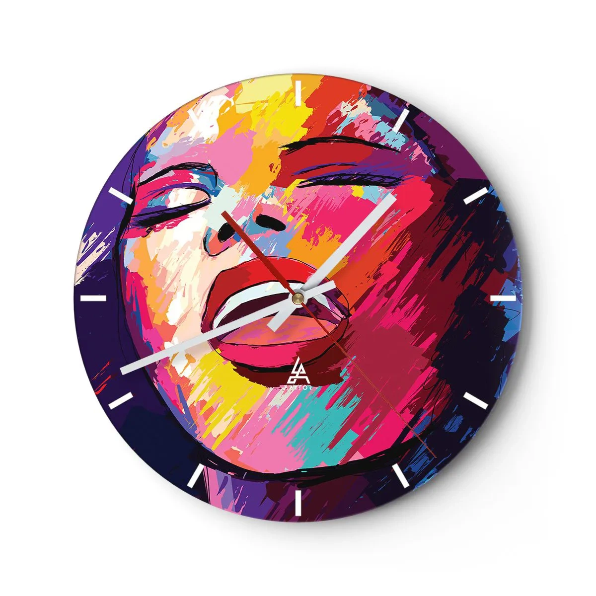 Väggklocka - Klocka på glas - Ett färgstarkt porträtt av en sjungande figur i abstrakt stil. - 30x30cm - Sjunga ut hela livet - Modern väggdekoration för vardagsrum, kök och sovrum ARTTOR