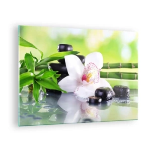 Glastavla - Bild på glas - Orkidé, bambu och svarta stenar mot en grön bakgrund - 70x50cm - Sval fräschhet - Modern väggdekoration för vardagsrum och sovrum ARTTOR