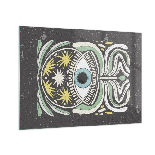 Glastavla - Bild på glas - Grafiskt öga med tribal ornamentik på en mörk bakgrund - 70x50cm - Stamritualer - Modern väggdekoration för vardagsrum och sovrum ARTTOR
