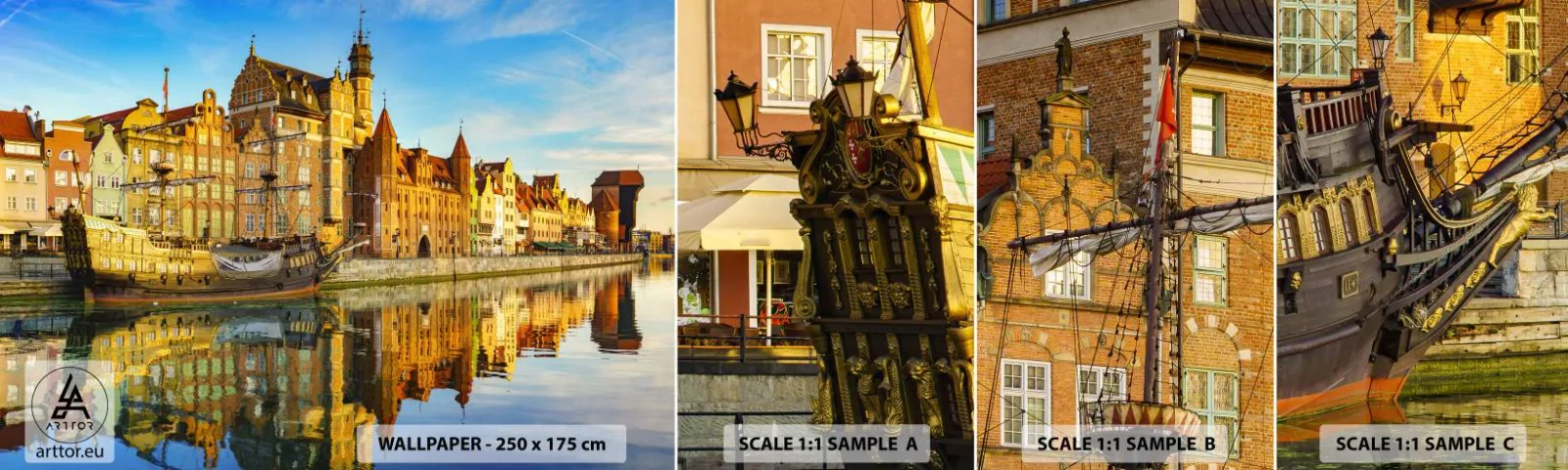 Provbit av självhäftande fototapet Deluxe Sticker - Det förflutnas spegelbild - Stad, Gdańsk, Arkitektur - 100x30 cm