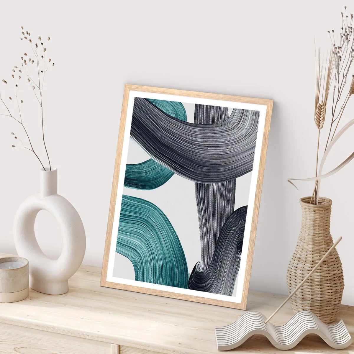 Affisch i ram av ljusek - Smaragd och svarta spår - 50x70 cm
