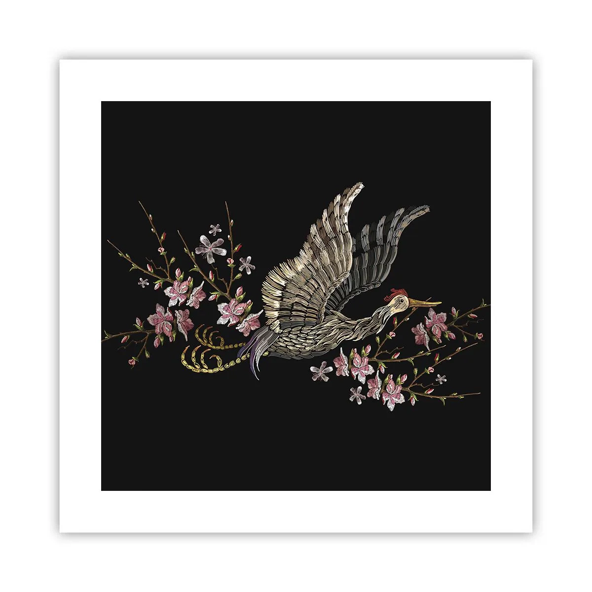 Affisch - Exotisk, broderad fågel - 40x40 cm