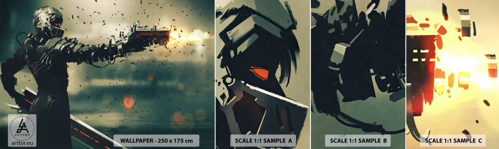 Provbit av självhäftande fototapet Deluxe Sticker - Dödlig vapen - din egen Terminator - Abstraktion, Fantasi, Framtida krigare - 100x30 cm