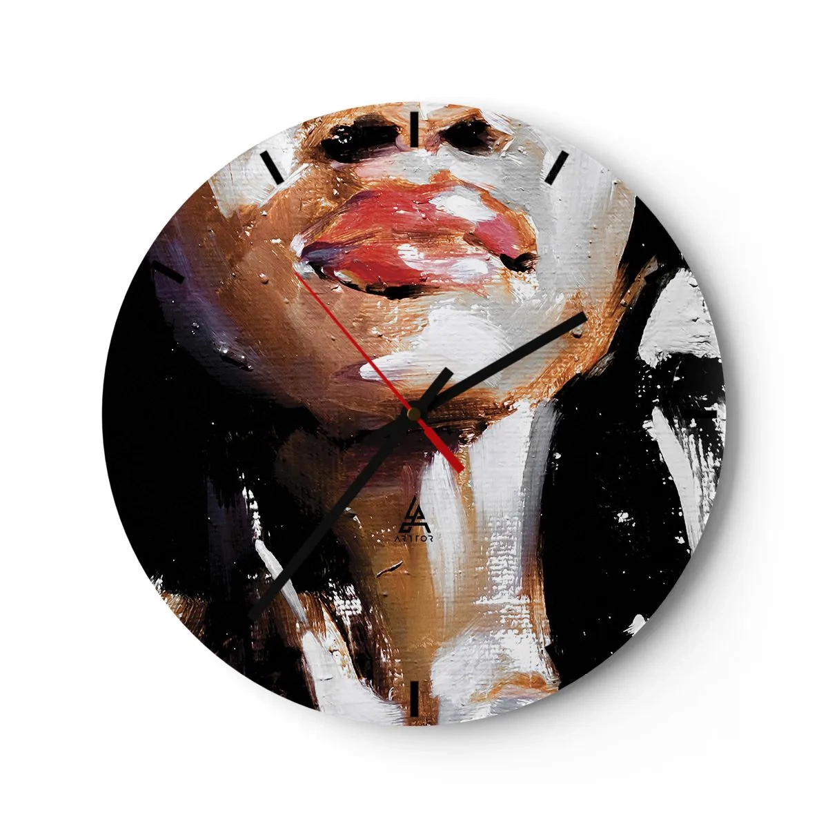 Väggklocka - Klocka på glas - Fragment av en kvinnas ansikte i en expressiv målningsteknik - 30x30cm - Stolthet utan fördomar - Modern väggdekoration för vardagsrum, kök och sovrum ARTTOR