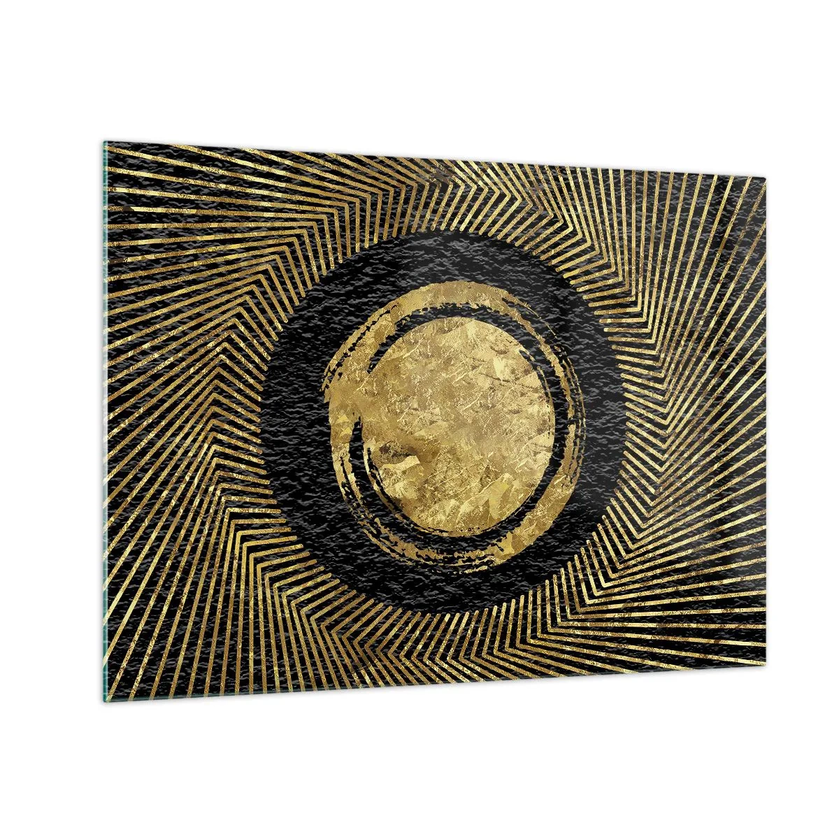 Glastavla - Bild på glas - Gyllene cirkel med strålar på svart bakgrund i glamorös stil - 70x50cm - Glamourös komposition - Modern väggdekoration för vardagsrum och sovrum ARTTOR