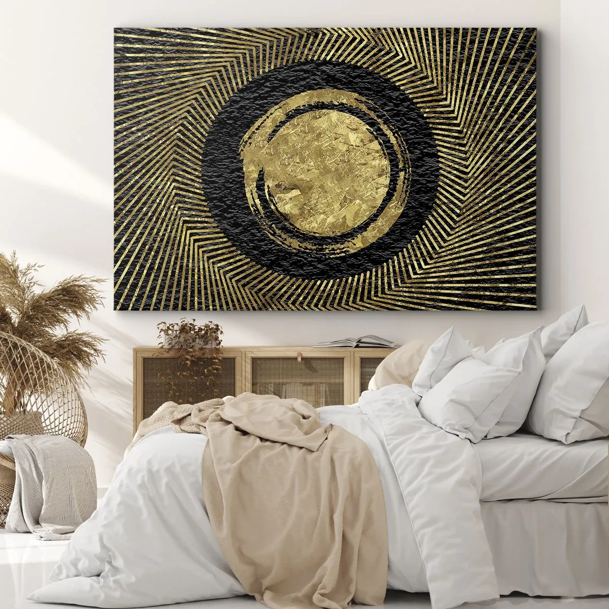 Canvastavla - Bild på duk - Geometrisk komposition i svart och guld med strålar - 70x50cm - Glamourös komposition - Modern väggdekoration för vardagsrum och sovrum ARTTOR